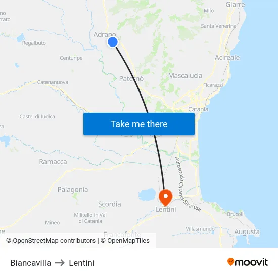 Biancavilla to Lentini map