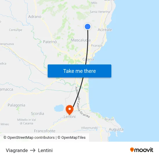 Viagrande to Lentini map