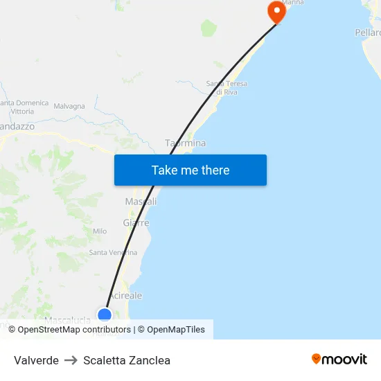 Valverde to Scaletta Zanclea map
