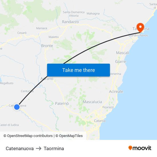 Catenanuova to Taormina map