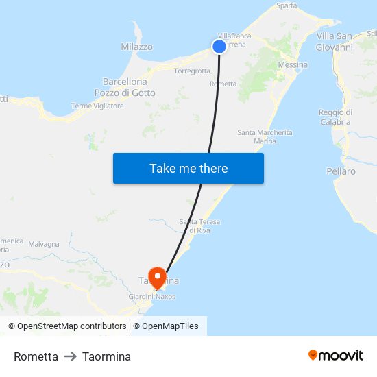 Rometta to Taormina map
