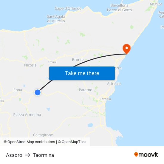Assoro to Taormina map