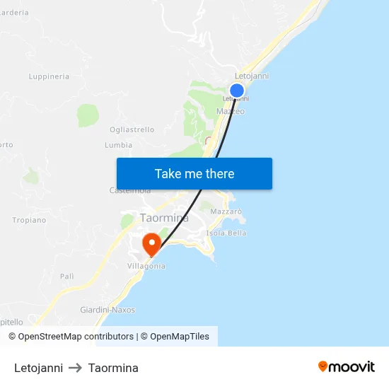 Letojanni to Taormina map