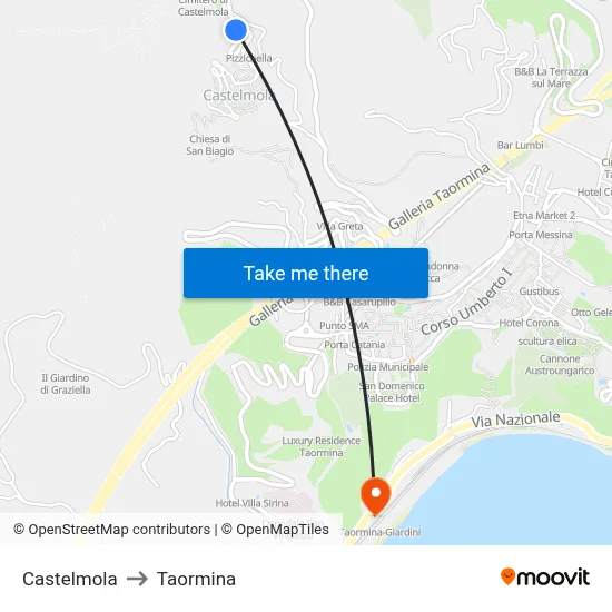 Castelmola to Taormina map