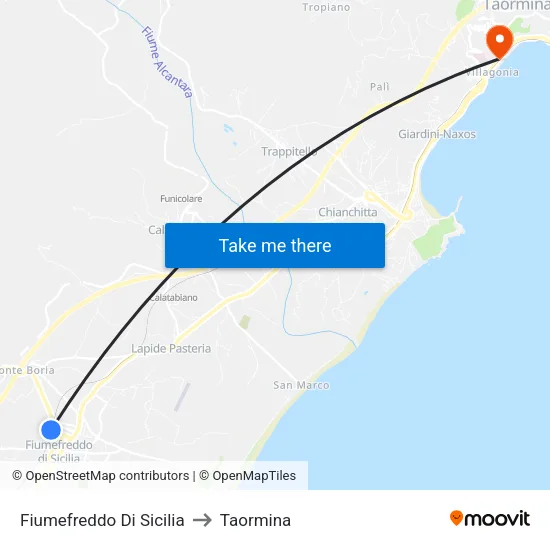 Fiumefreddo Di Sicilia to Taormina map