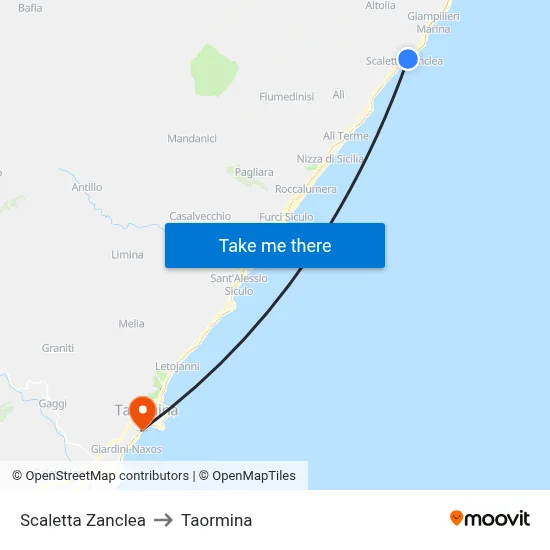 Scaletta Zanclea to Taormina map