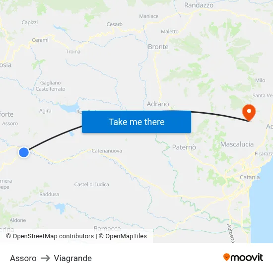 Assoro to Viagrande map