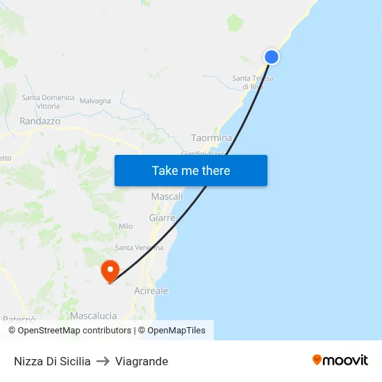 Nizza Di Sicilia to Viagrande map
