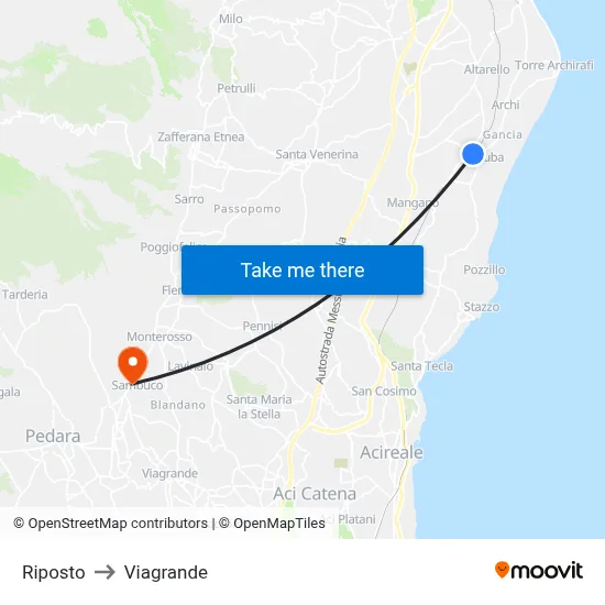 Riposto to Viagrande map