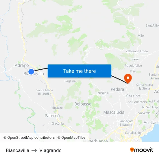 Biancavilla to Viagrande map