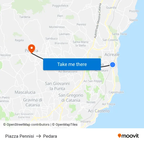 Pennisi Square to Pedara map