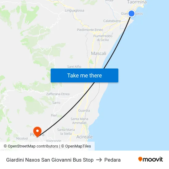 Giardini Naxos San Giovanni Bus Stop to Pedara map