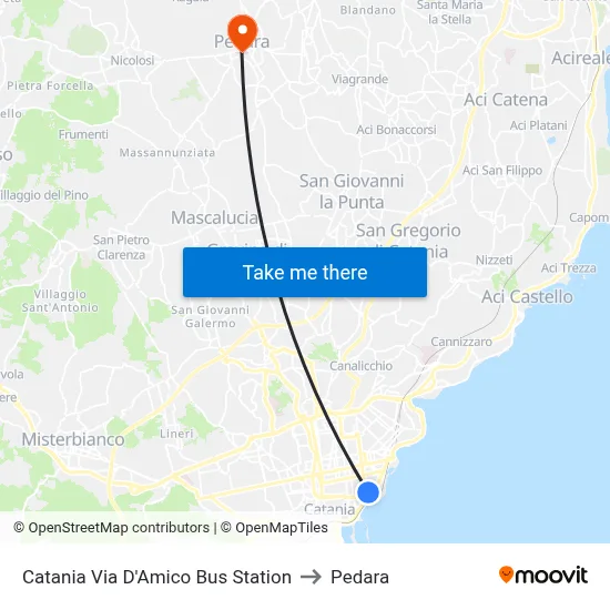 Catania Via D'Amico Bus Station to Pedara map