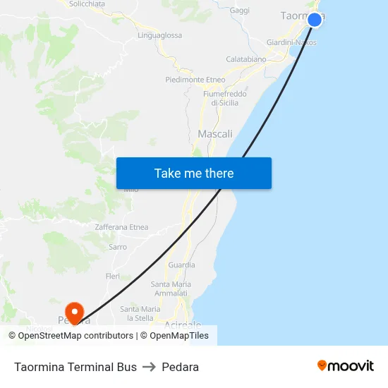 Taormina Bus Terminal to Pedara map