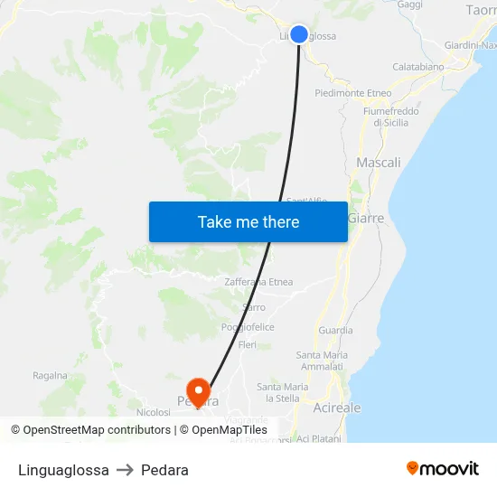 Linguaglossa to Pedara map