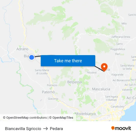 Biancavilla Sgriccio to Pedara map