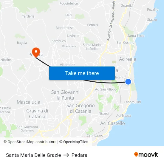 Santa Maria of Graces to Pedara map