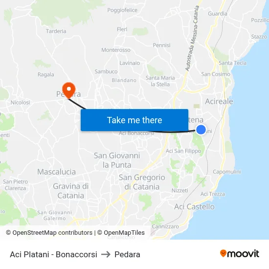 Aci Platani - Bonaccorsi to Pedara map