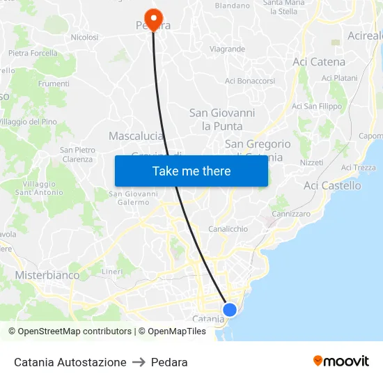 Catania Autostazione to Pedara map