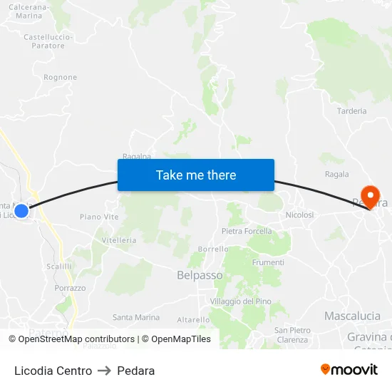 Licodia Center to Pedara map