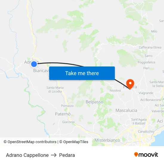 Adrano Cappellone to Pedara map