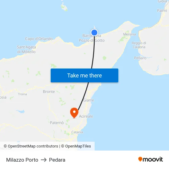 Milazzo Port to Pedara map