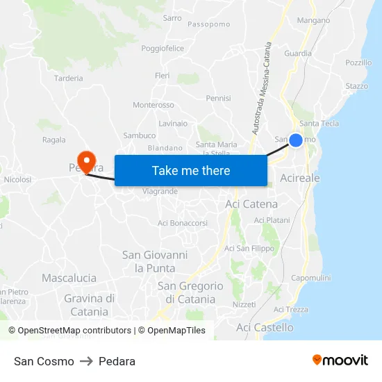 San Cosmo to Pedara map