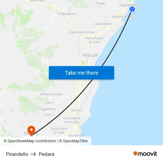 Pirandello to Pedara map