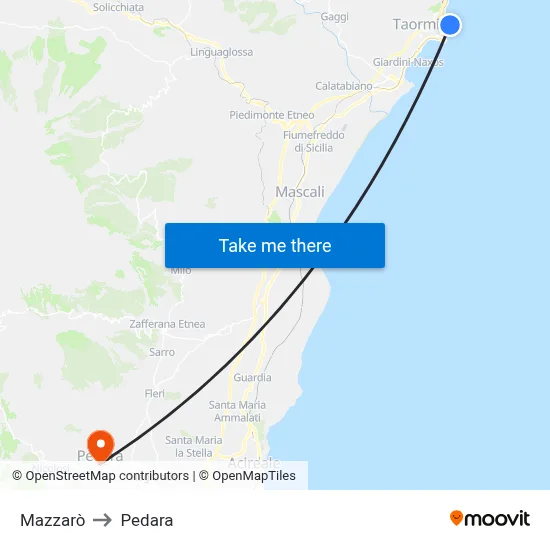 Mazzarò to Pedara map
