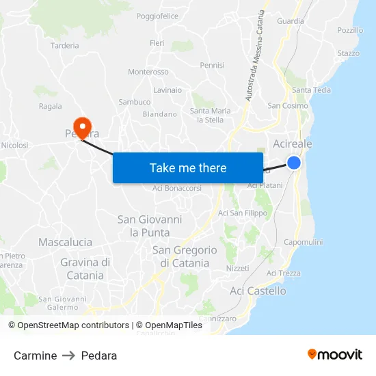 Carmine to Pedara map