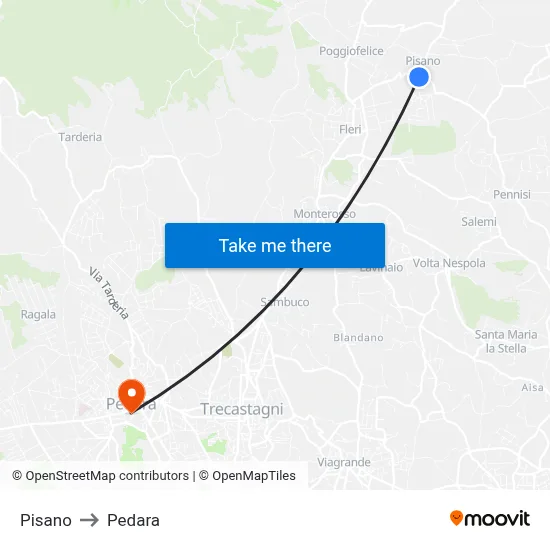 Pisano to Pedara map
