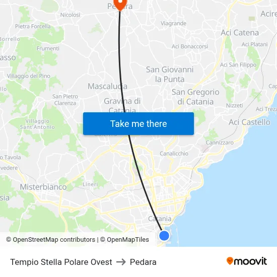 Tempio Stella Polare Ovest to Pedara map