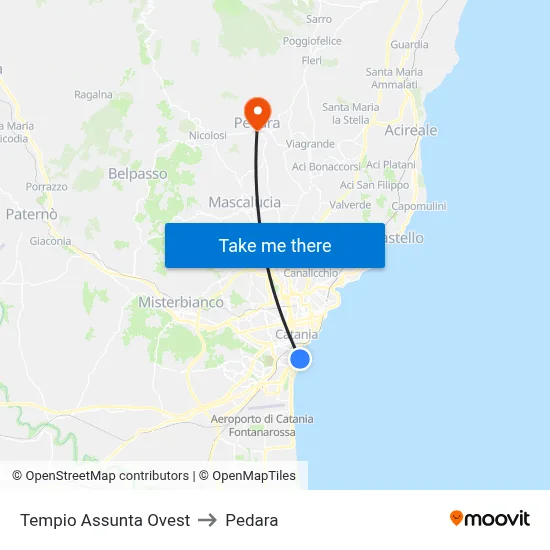 Tempio Assunta Ovest to Pedara map