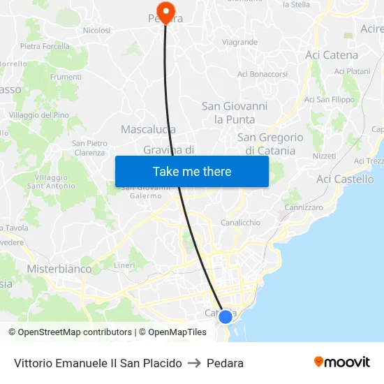 Vittorio Emanuele II San Placido to Pedara map