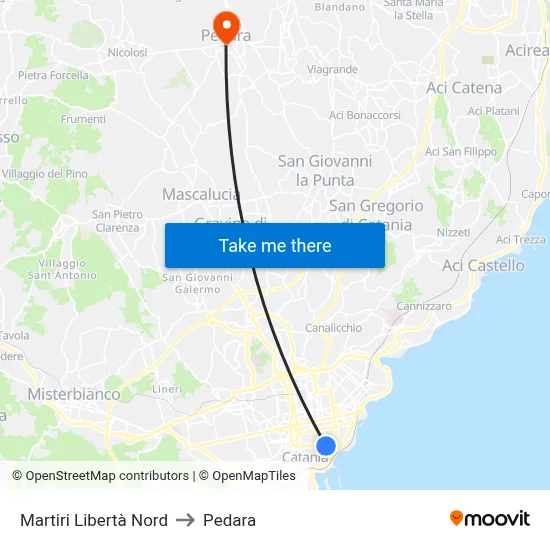 Martiri Libertà Nord to Pedara map
