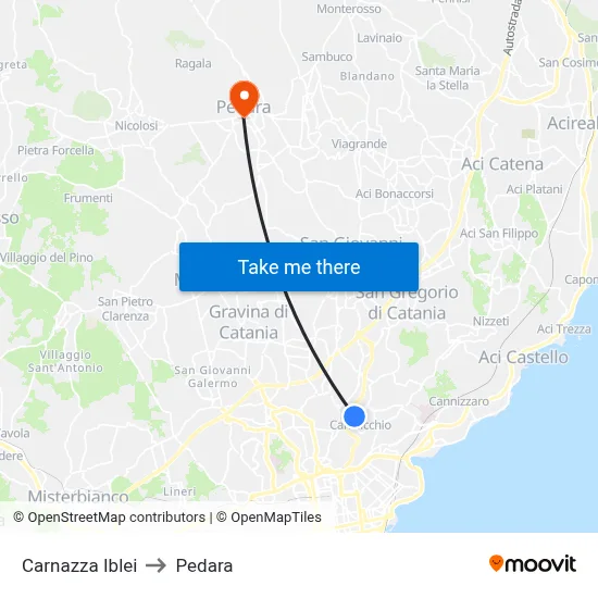 Carnazza Iblei to Pedara map