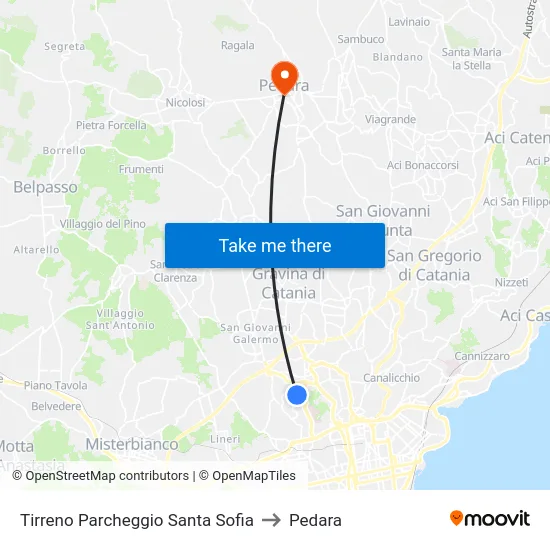 Tirreno Parcheggio Santa Sofia to Pedara map
