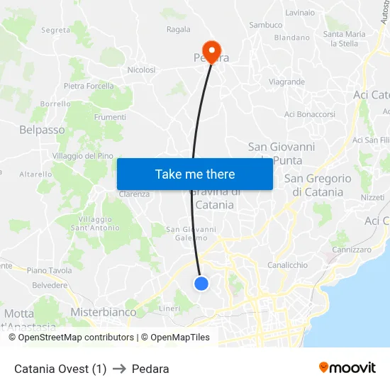 Catania Ovest (1) to Pedara map