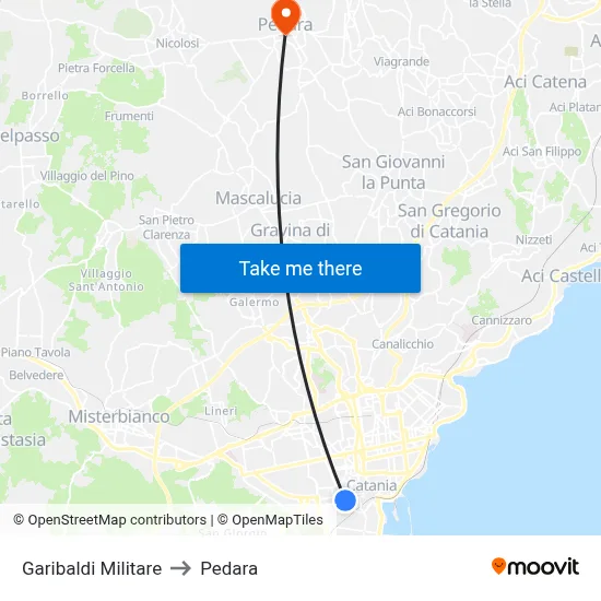 Garibaldi Militare to Pedara map