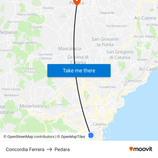 Concordia Ferrera to Pedara map