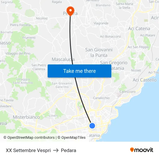 XX Settembre Vespri to Pedara map