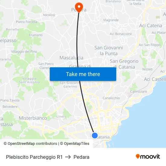 Plebiscito Parcheggio R1 to Pedara map