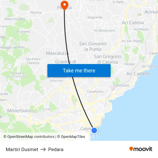 Martiri Dusmet to Pedara map