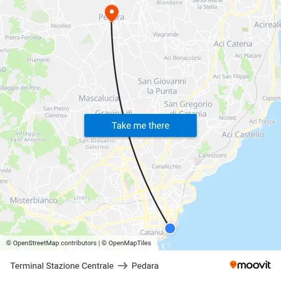 Terminal Stazione Centrale to Pedara map