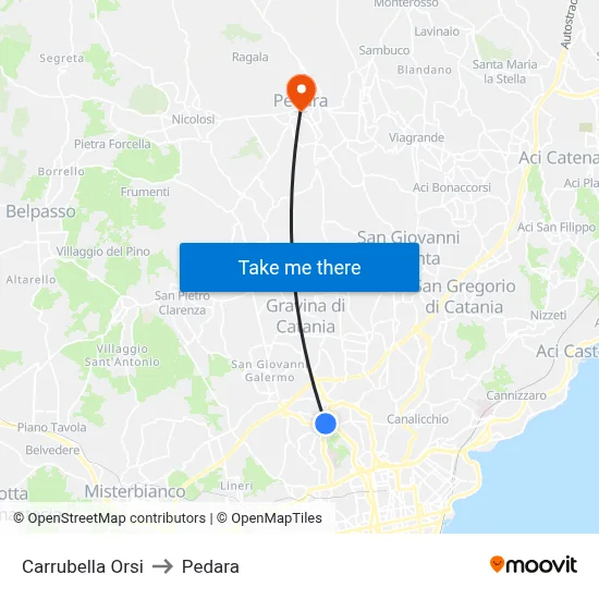 Carrubella Orsi to Pedara map