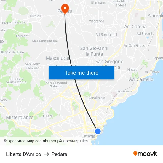 Liberty D'Amico to Pedara map