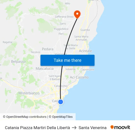 Catania Piazza Martiri Della Libertà to Santa Venerina map