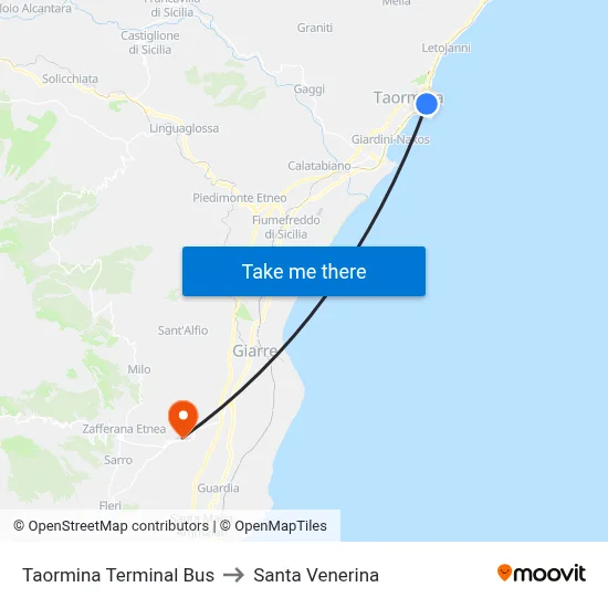 Taormina Bus Terminal to Santa Venerina map