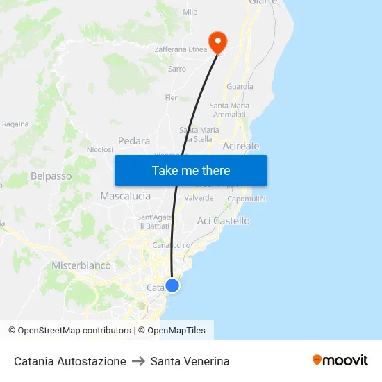Catania Bus Station to Santa Venerina map