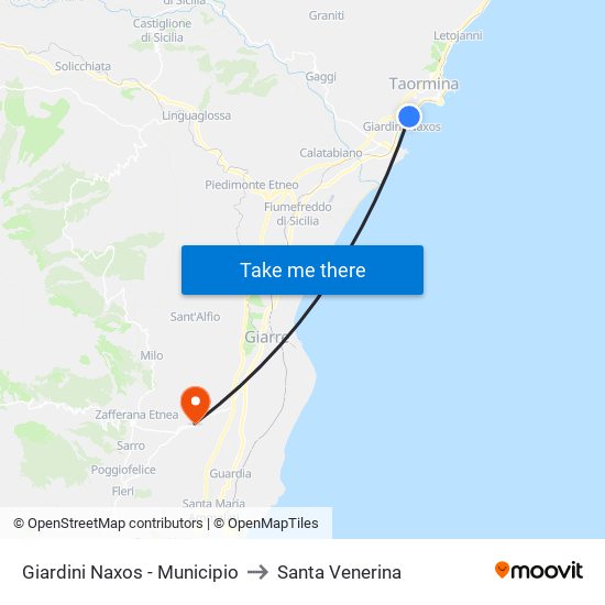 Giardini Naxos - Municipio to Santa Venerina map